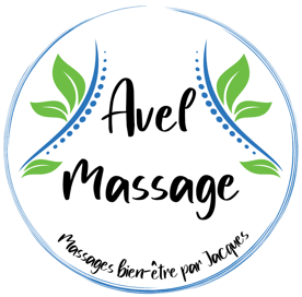 Logo circulaire avec le texte "Avel Massage" au centre, entouré de motifs de feuilles vertes et de lignes bleues. En bas, le texte "Massages Bien-être par Jacques".